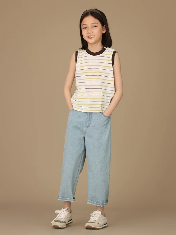 Quần áo trẻ em Hazi Mùa hè Mới về Quần áo trẻ em bằng cotton thân thiện với da Cổ tròn phối màu Phong cách cha mẹ và con cái Áo vest không tay sọc giản dị