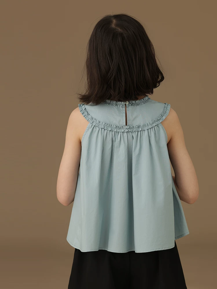 Áo vest cotton ren màu xanh nhạt cho bé gái Ha Chi, thiết kế dễ thương, áo không tay cho bé gái mùa hè