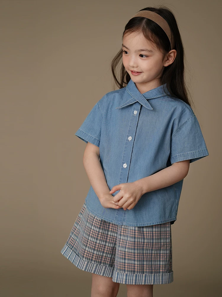 Quần ống rộng mùa hè dành cho trẻ em quần short denim kẻ sọc cổ điển dành cho bé trai và bé gái thường ngày đa năng
