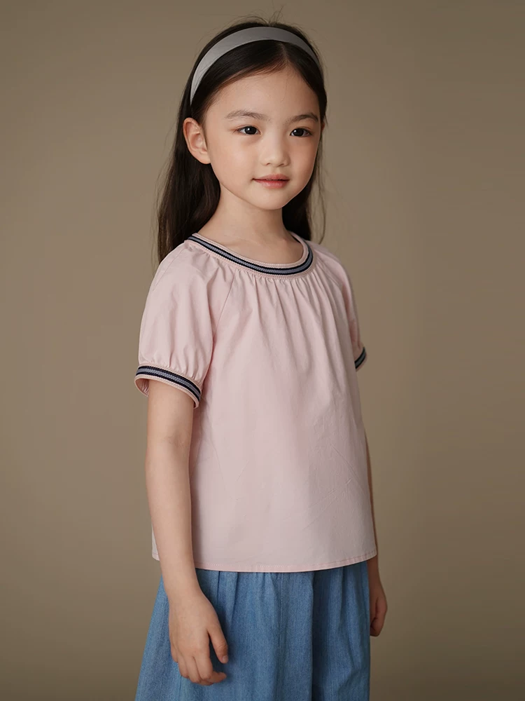 Quần áo trẻ em mặc mùa hè màu hồng ngọt ngào phong cách rừng trên áo sơ mi ngắn tay dành cho bé gái Áo cotton thân thiện với làn da dành cho bé gái