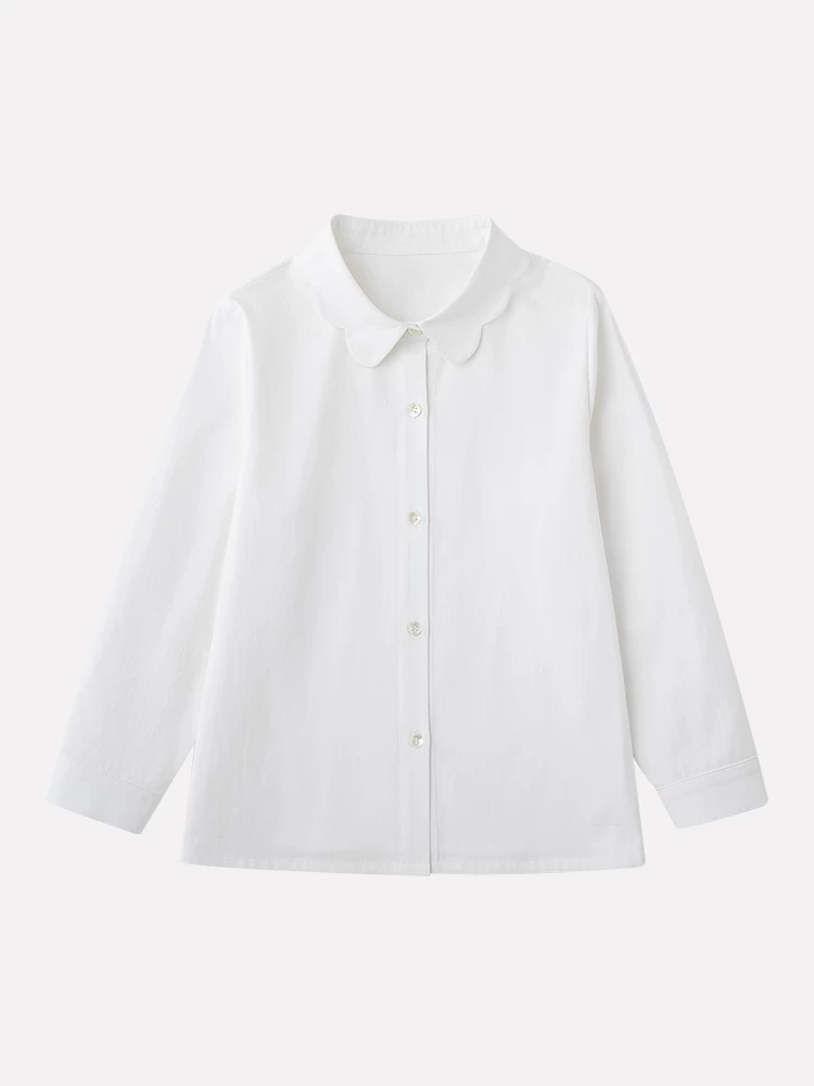 Quần áo trẻ em cho mùa xuân và mùa thu, áo bé gái, cotton thân thiện với làn da, cổ cánh hoa, áo sơ mi dài tay màu trắng cho trẻ lớn hơn.