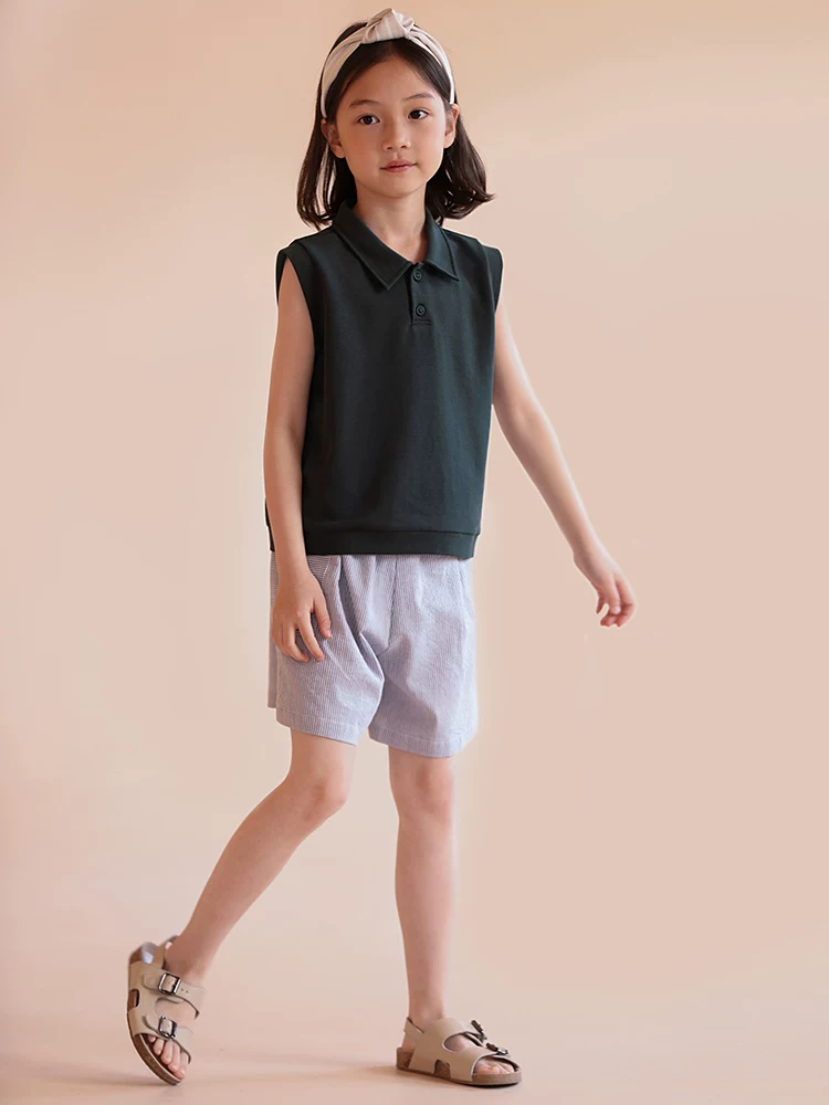 Quần áo trẻ em Hazi mùa hè mới về bé trai và bé gái phong cách Nhật Bản cổ POLO màu trơn không tay áo ngắn tay đa năng