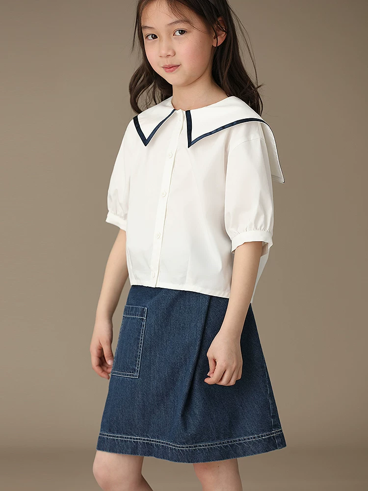 Áo sơ mi ngắn tay màu trắng kiểu hải quân mùa hè dành cho nữ, áo kiểu preppy, áo sơ mi cơ bản mỏng và sành điệu.