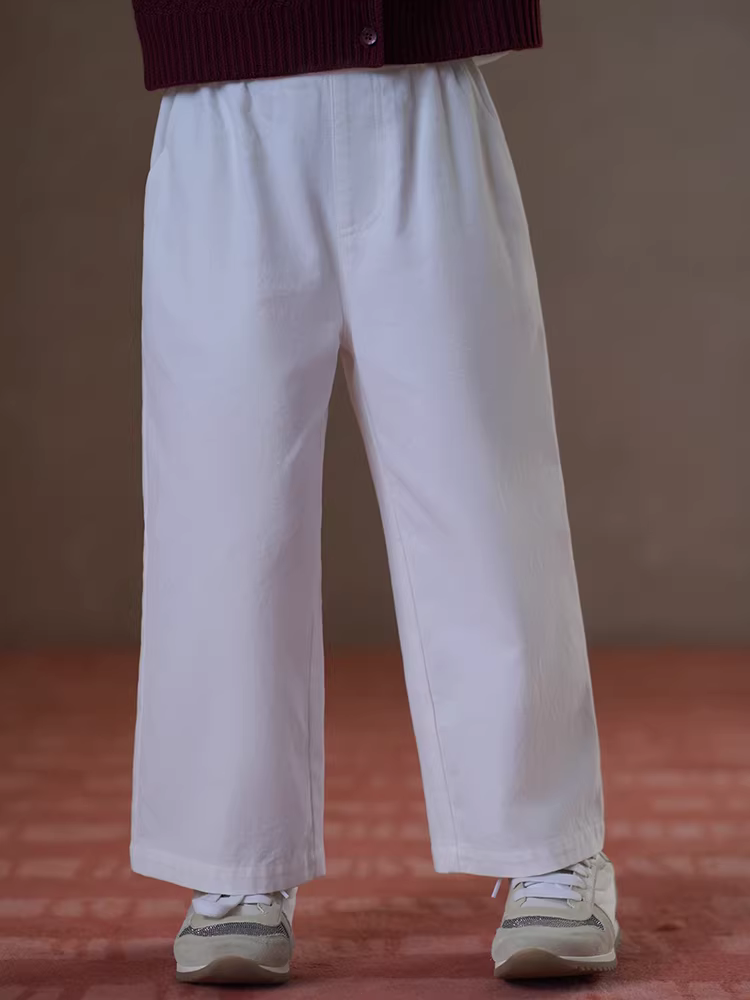 Quần ống thẳng cho trẻ em mùa xuân thu, thân thiện với làn da, toàn cotton, quần dài màu trắng cho bé trai và bé gái, quần thường ngày cho trẻ lớn.