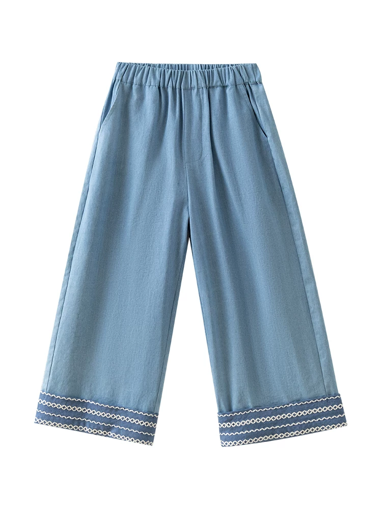 Quần dài mùa hè thường ngày cho bé gái, quần jean denim thiết kế đơn giản, quần chống muỗi cho trẻ lớn hơn, chất liệu cotton nguyên chất.