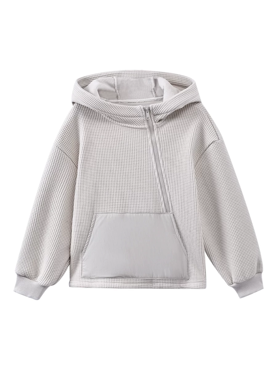 Áo khoác waffle mùa đông cho trẻ em có cổ chéo, áo nỉ có mũ dành cho bé trai và bé gái, áo ấm lót lông cừu