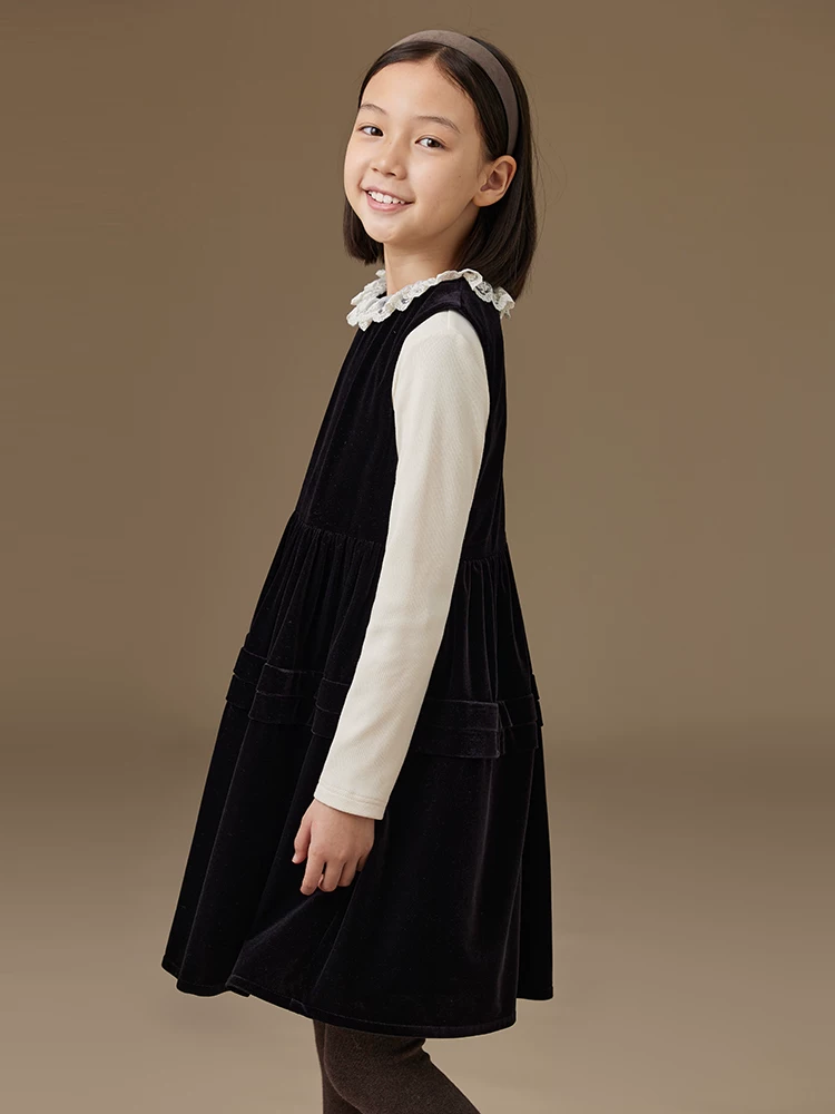 Váy liền thân mùa đông kiểu Hepburn Pháp, váy đen nhỏ xinh cho bé gái, váy nhung không tay cho bé gái