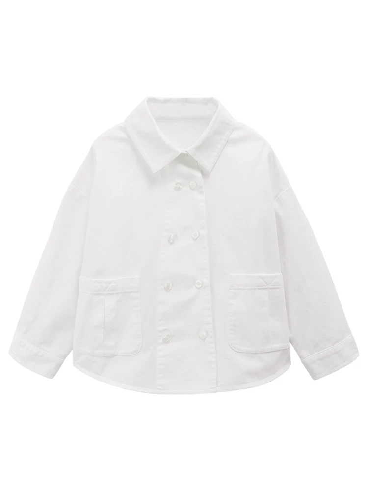 Áo sơ mi cotton dày màu trắng dáng rộng thông thường dành cho trẻ em mùa xuân thu, thân thiện với làn da, quần áo mùa thu cho bé trai và bé gái