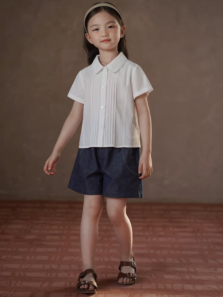 Quần áo trẻ em mùa hè phong cách nghệ thuật áo sơ mi trắng trẻ em áo ngắn tay bé gái mùa hè mới áo ren bé gái