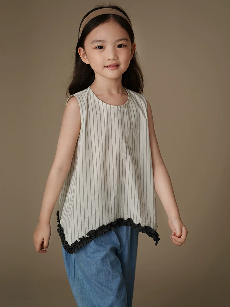 Quần áo trẻ em mỏng mùa hè phong cách Hàn Quốc áo sơ mi sọc rộng rãi áo vest bé gái cotton thân thiện với da mặc mùa hè