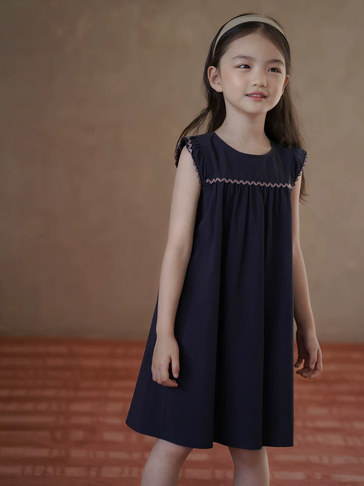 Quần áo trẻ em mỏng mùa hè Váy ba lỗ màu xanh hải quân phong cách Hàn Quốc dành cho bé gái, váy dài vừa phải dành cho trẻ lớn.