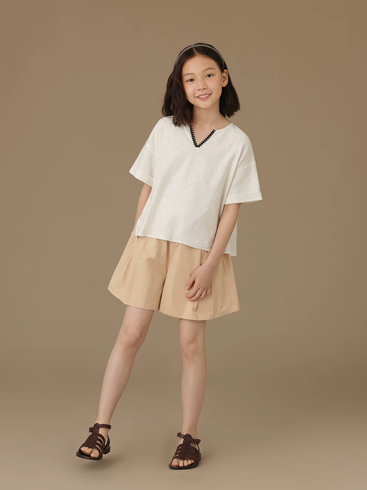 Quần ống rộng màu kaki thông thường dành cho trẻ em, quần short năm điểm rộng rãi bằng vải cotton dành cho bé gái, quần short mỏng mùa hè dành cho trẻ lớn.