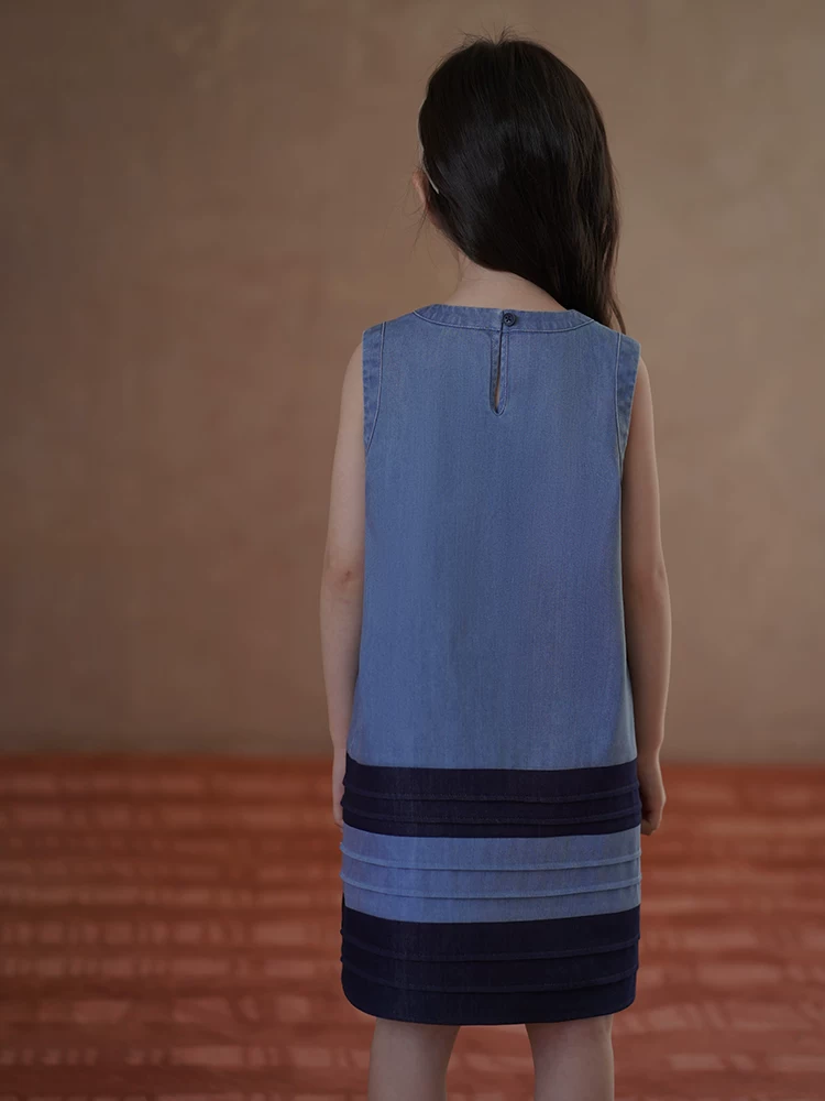 Váy vest mỏng mùa hè cho bé gái, váy denim, váy chắp vá cổ điển, quần áo mùa hè cho trẻ lớn.