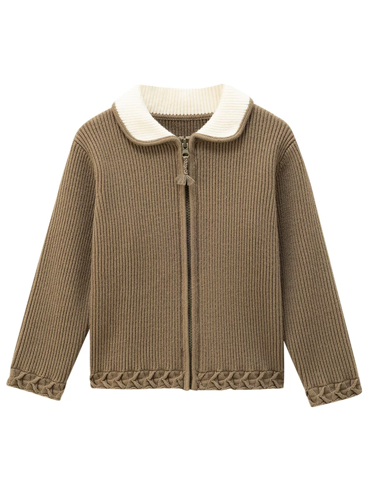 Quần áo trẻ em mùa thu đông Áo len cardigan trẻ em màu xanh lá cây có gân áo thường ngày Áo khoác dệt kim cho bé gái đơn giản và cao cấp