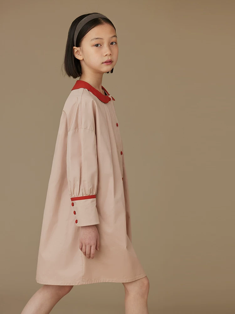 Quần áo trẻ em mùa xuân thu áo sơ mi trẻ em màu hồng ngọt ngào cotton nguyên chất phối màu cổ Peter Pan váy dài tay cho bé gái