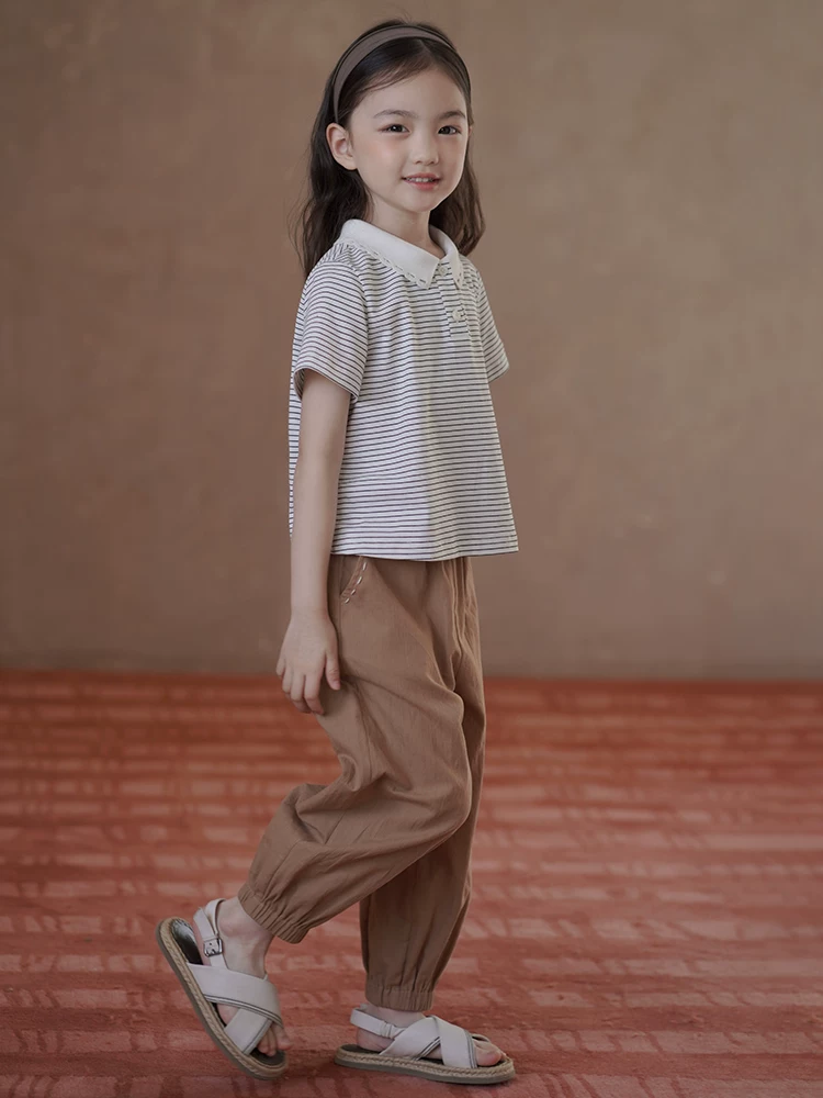 Áo len mỏng mùa hè cho trẻ em, áo thun ngắn tay cho bé gái, áo sơ mi POLO sọc cổ cánh hoa cho bé gái