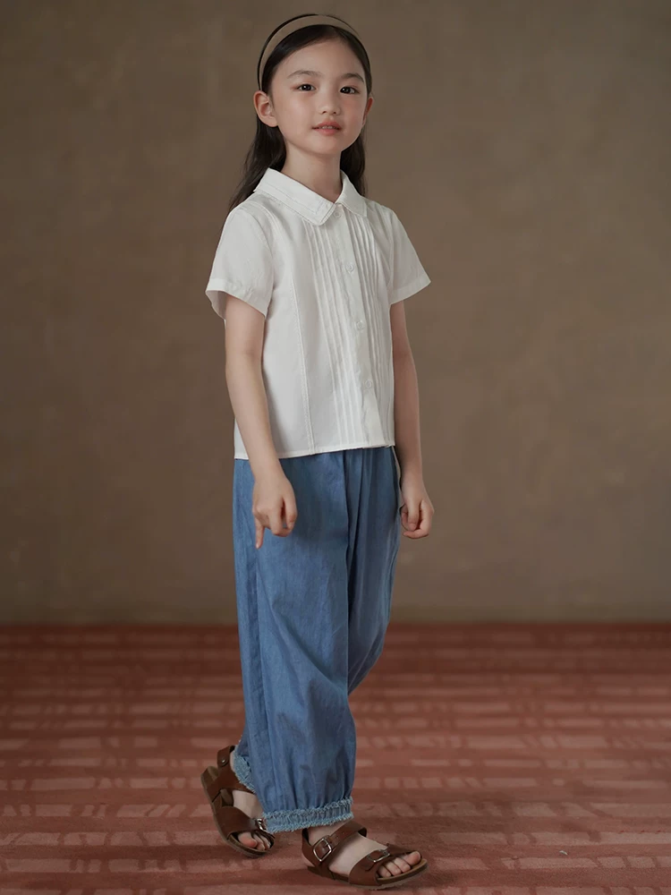 Quần áo trẻ em mùa hè phong cách nghệ thuật áo sơ mi trắng trẻ em áo ngắn tay bé gái mùa hè mới áo ren bé gái