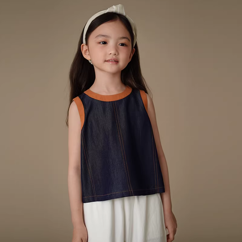 Áo khoác denim vintage phối màu, kiểu dáng rộng rãi, thời trang mùa hè cho bé gái Hazi, mẫu mới 2025