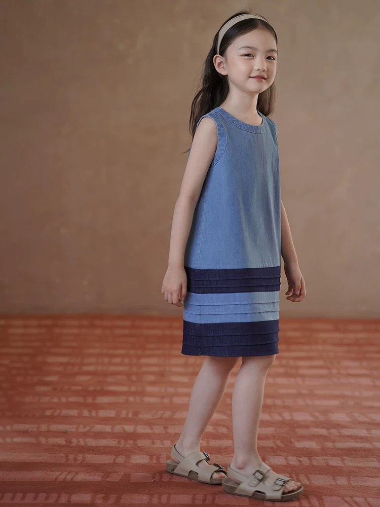 Váy vest mỏng mùa hè cho bé gái, váy denim, váy chắp vá cổ điển, quần áo mùa hè cho trẻ lớn.