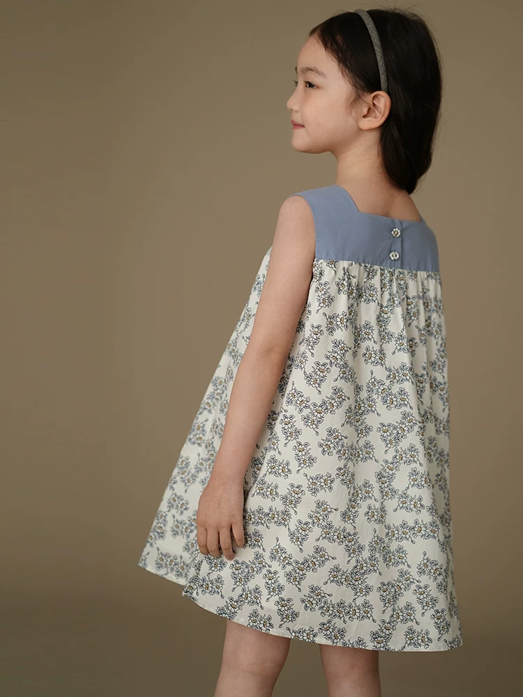 Quần áo trẻ em mùa hè váy trẻ em chất liệu cotton cổ vuông màu xanh váy liền thân họa tiết hoa váy dài cho bé gái