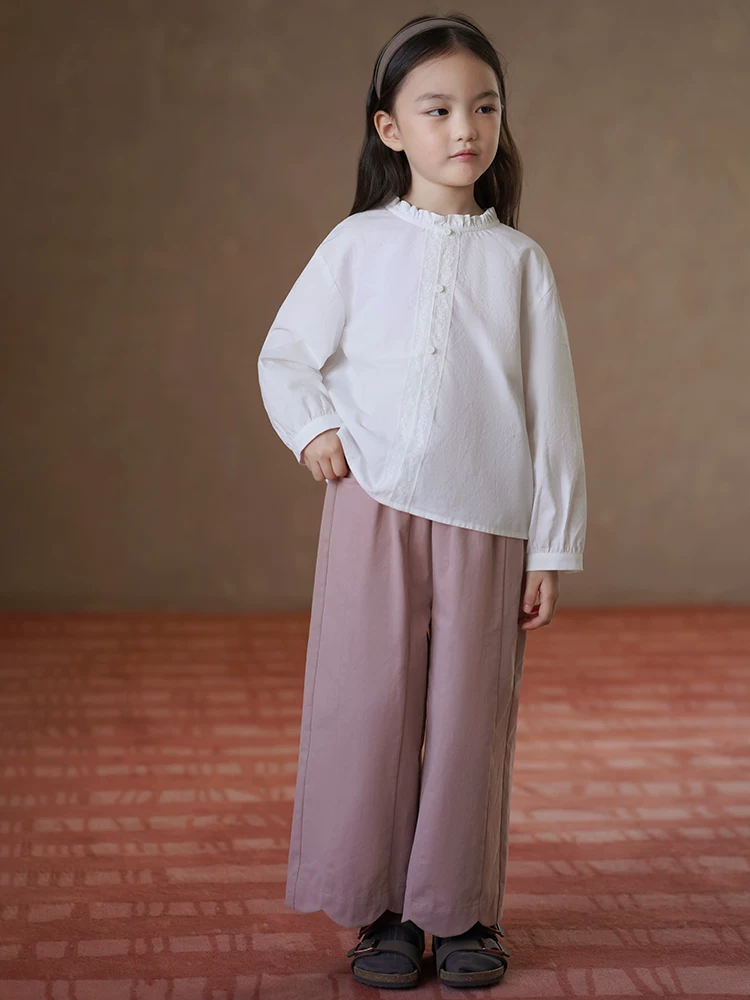Quần áo trẻ em xuân thu phong cách Hàn Quốc quần âu cotton thân thiện với da màu hồng ngọt ngào quần thẳng bé gái quần dài rộng