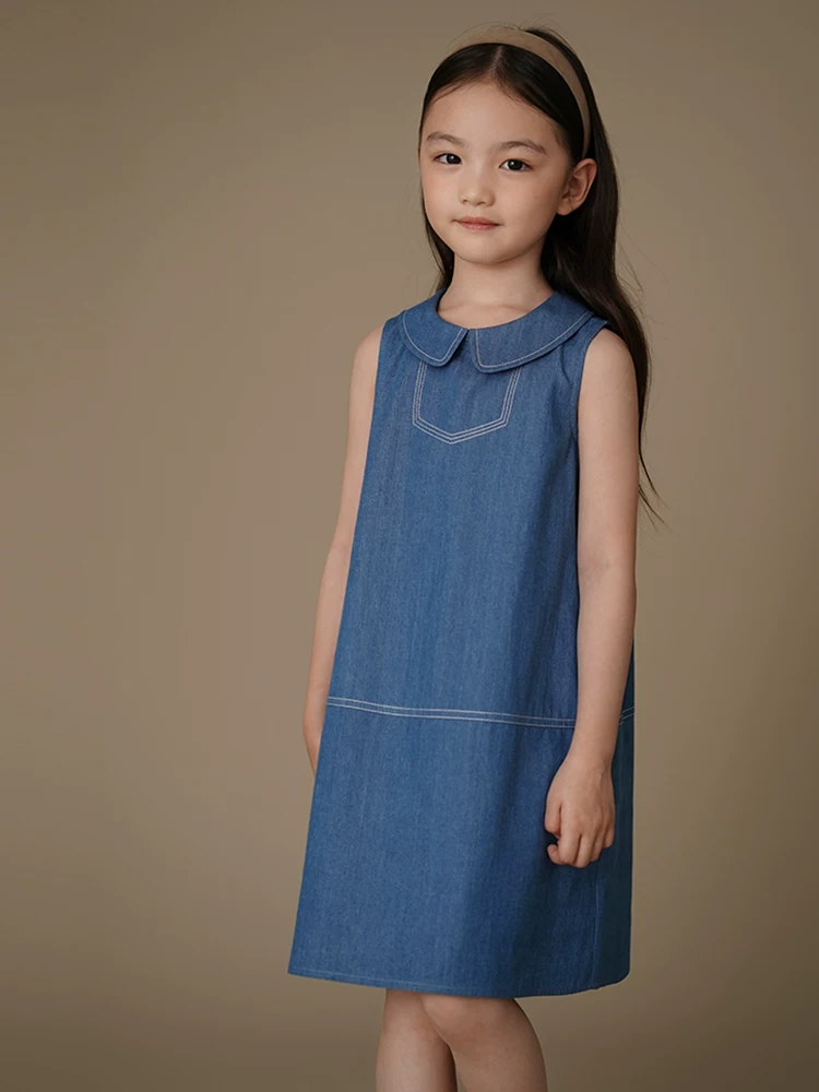 Quần áo trẻ em Hazi Mùa hè 2025 Váy trẻ em mới Váy denim bé gái Váy kiểu cổ búp bê phong cách retro thường ngày