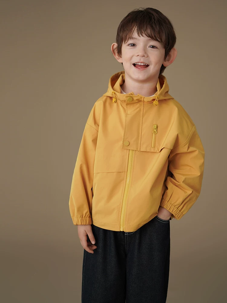 Quần áo trẻ em áo khoác xuân thu màu vàng mặc thường ngày áo mỏng màu vàng bé trai và bé gái áo gió ngoài trời