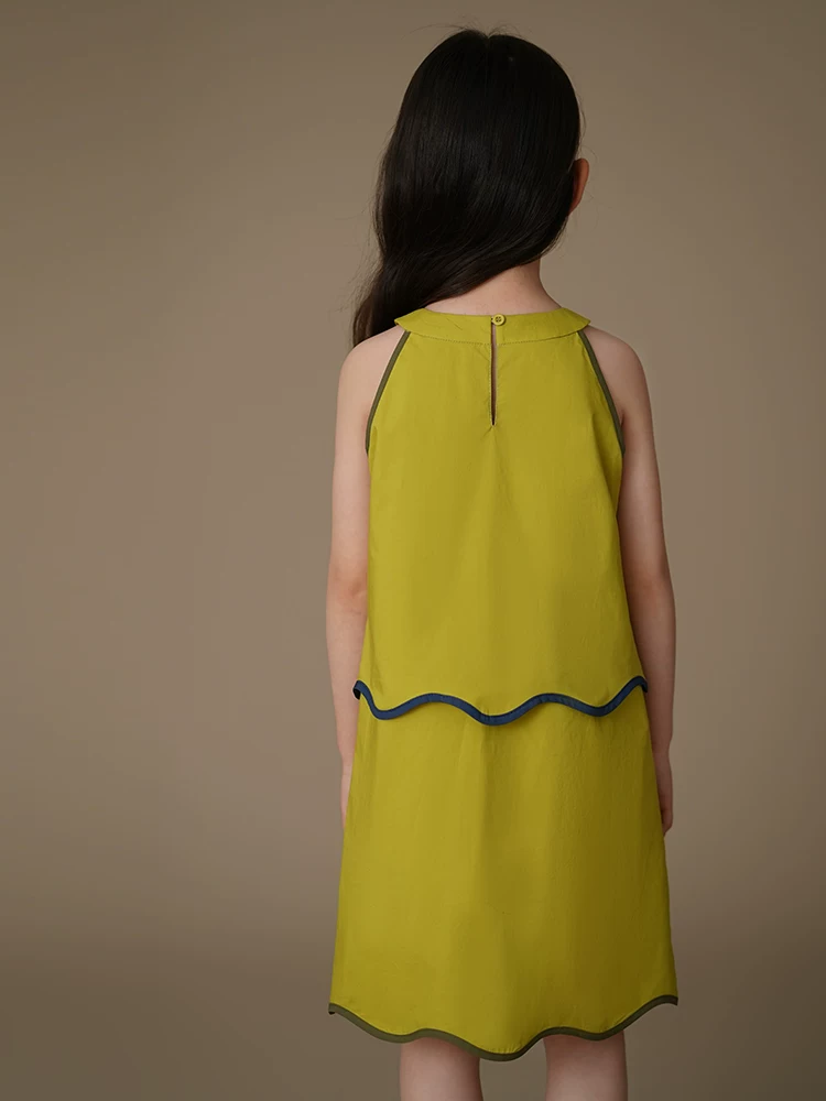 Váy vest trẻ em mùa hè, váy thường ngày màu vàng xanh tươi, váy dài vừa phải cho bé gái, váy giả hai mảnh sành điệu.
