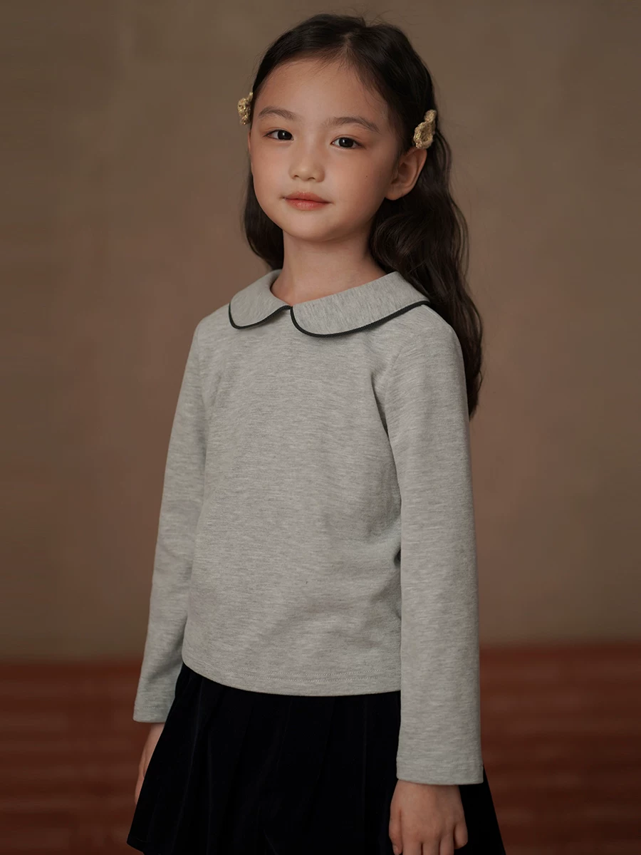 Quần áo trẻ em Hazi Áo thun dài tay mùa đông có lớp lót lông cừu, áo cổ búp bê ấm áp cho bé gái, áo sơ mi dệt kim, màu xám.
