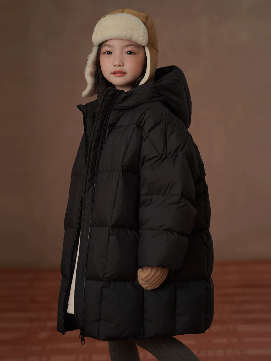 Áo khoác lông vũ dài vừa phải màu đen mùa đông dành cho trẻ em dành cho bé trai và bé gái có mũ trùm đầu, áo khoác lông vũ ba lớp chống thấm ngoài trời