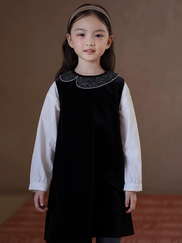 Quần áo trẻ em cho mùa xuân và mùa thu, váy nhung đen cho bé gái, váy thanh lịch cho bé gái, váy sinh nhật cho bé gái.