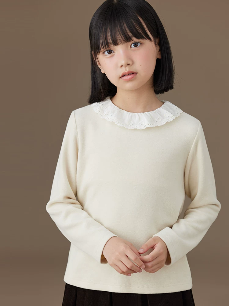 Áo thun dài tay trẻ em có cổ ren ngọt ngào, áo màu be cho bé gái, áo lót ấm áp và thân thiện với làn da cho bé gái.