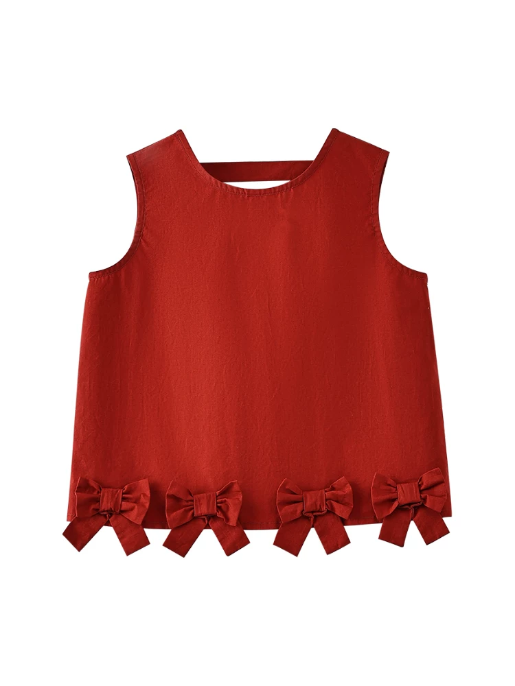 Áo thun không tay cho bé gái, chất liệu cotton mềm mại, màu đỏ, kiểu dáng dễ thương với nơ, thích hợp mặc mùa hè