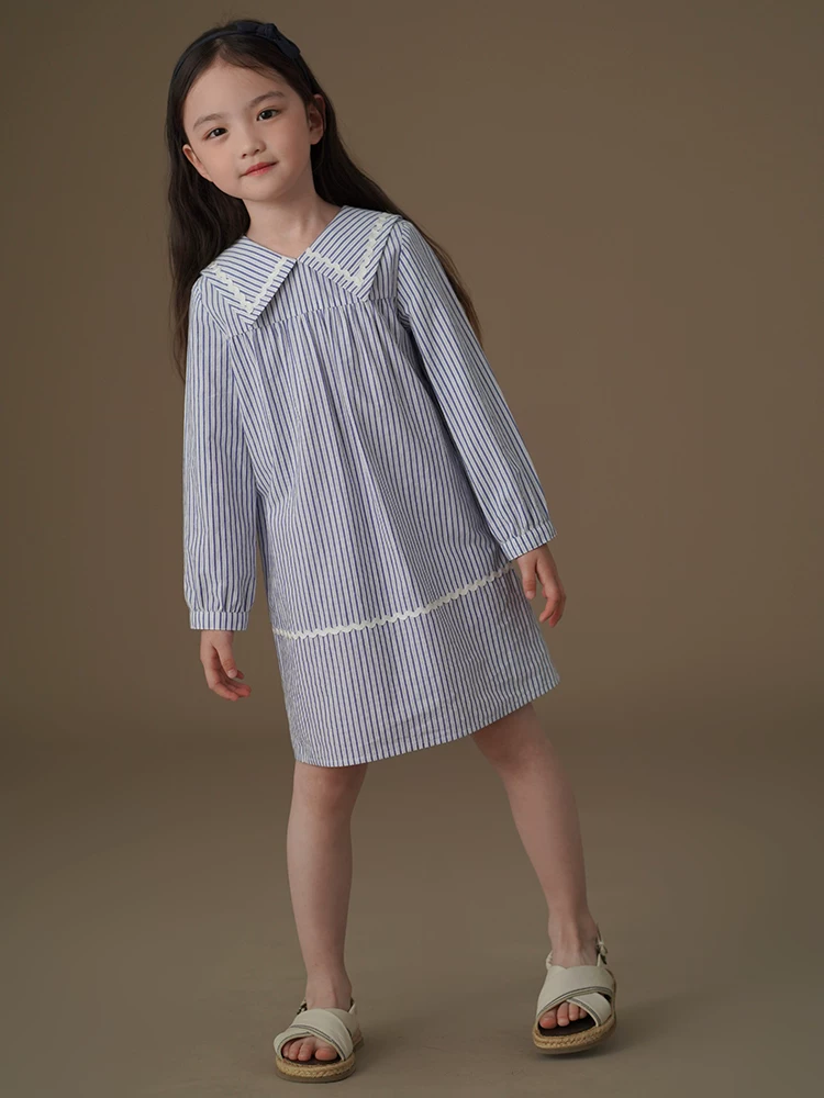 Quần áo trẻ em Hazi Mùa xuân Váy sọc xanh mới Váy cotton thân thiện với da Phong cách đại học Váy dài tay cho bé gái