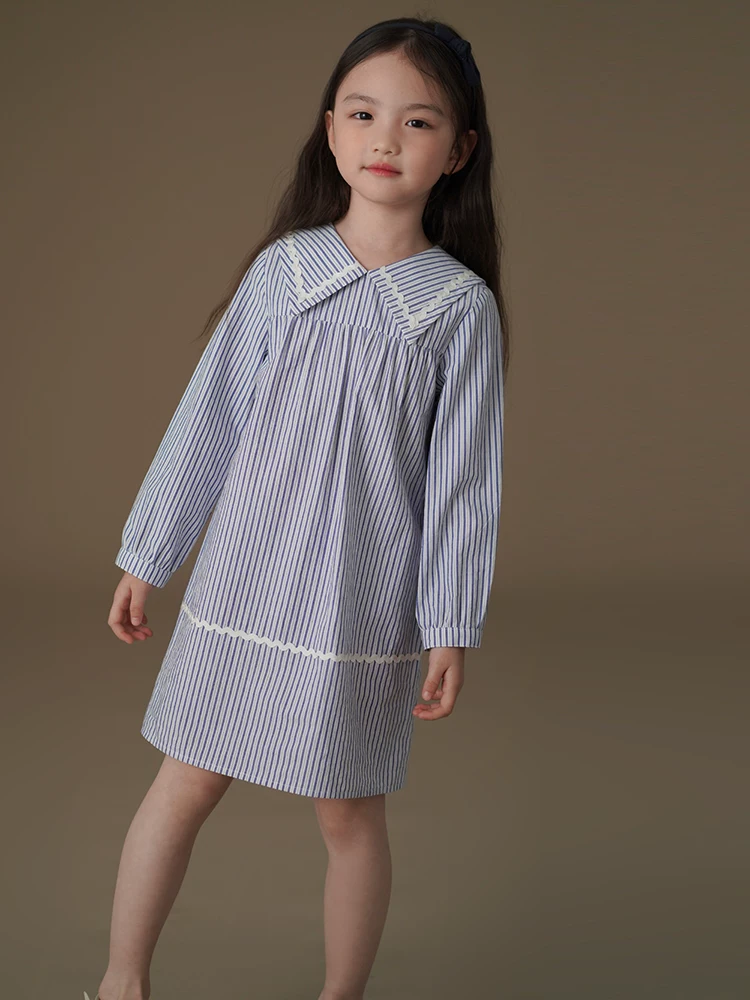 Quần áo trẻ em Hazi Mùa xuân Váy sọc xanh mới Váy cotton thân thiện với da Phong cách đại học Váy dài tay cho bé gái