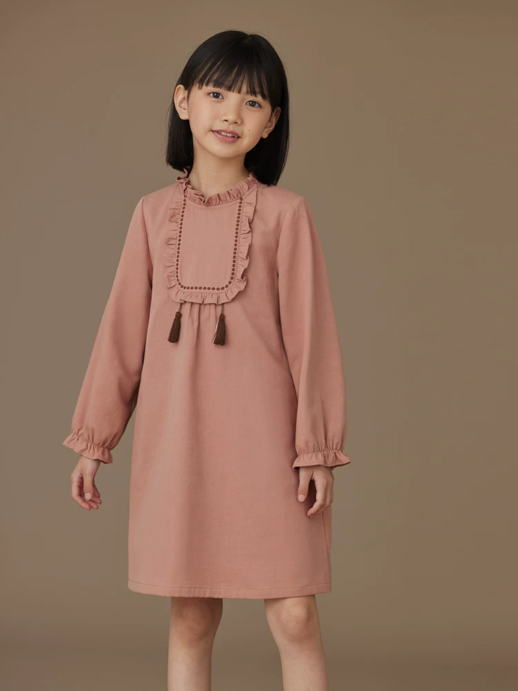 Quần áo trẻ em Hazi Váy chữ A màu hồng ngọt ngào cho trẻ em Xuân Thu Váy ren cotton thân thiện với da cho bé gái