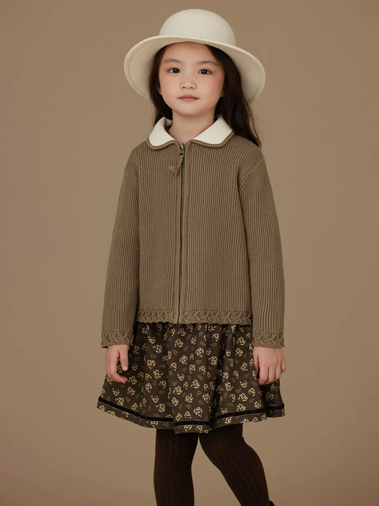 Quần áo trẻ em mùa thu đông Áo len cardigan trẻ em màu xanh lá cây có gân áo thường ngày Áo khoác dệt kim cho bé gái đơn giản và cao cấp