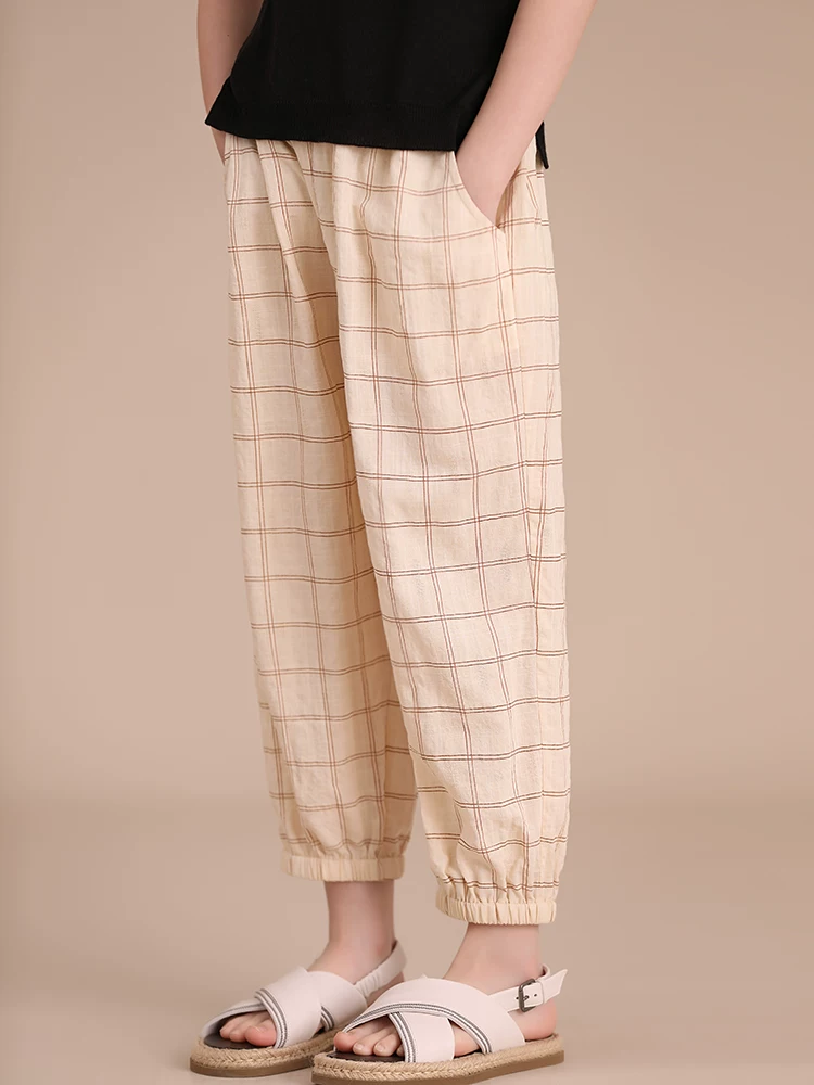 Quần áo trẻ em đầu thu hàng mới về trẻ em và cha mẹ mặc đồ rộng rãi đa năng lưng thun cotton nguyên chất quần kẻ sọc chống muỗi cho bé