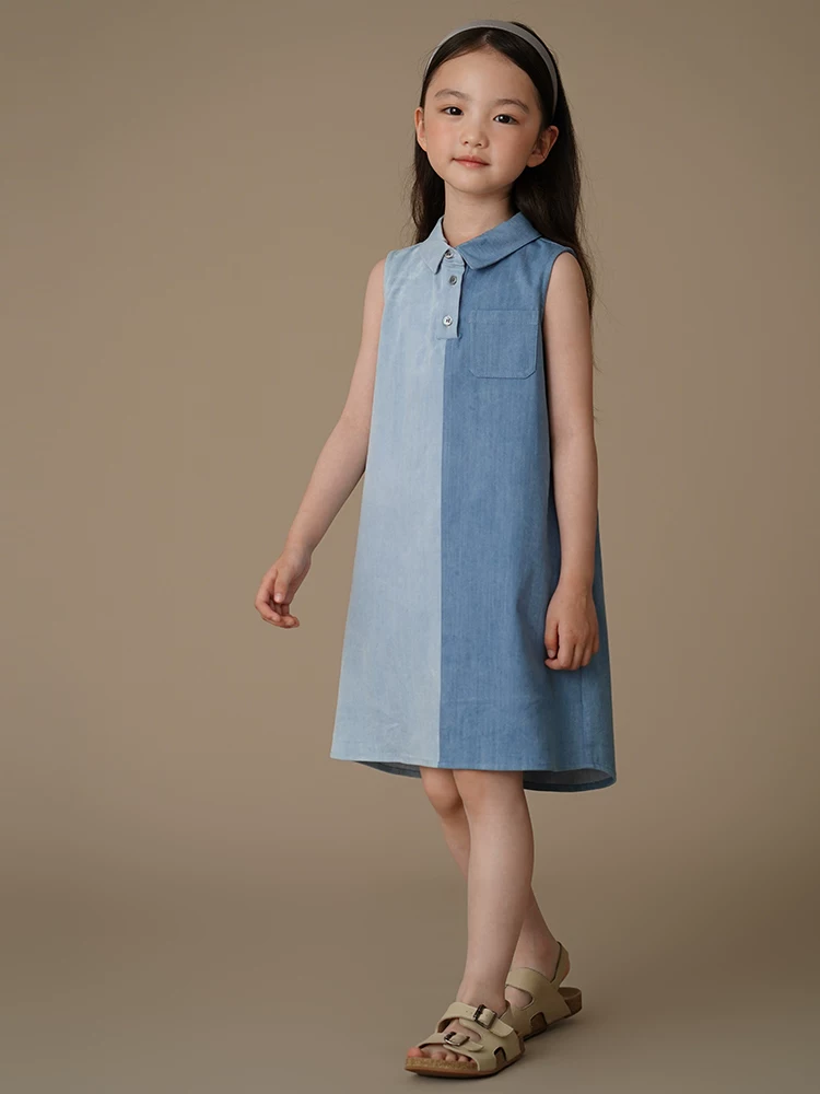 Váy liền thân mùa hè kiểu Hàn Quốc cho bé gái, thiết kế thời trang, chất liệu denim phối màu.