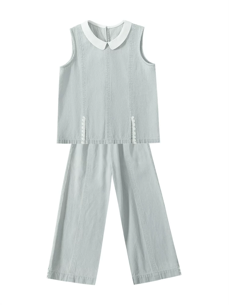 Bộ trang phục mùa hè cho bé gái năm 2025 kiểu mới: Áo vest denim, quần ống rộng, quần lửng, phong cách thường ngày, rộng rãi