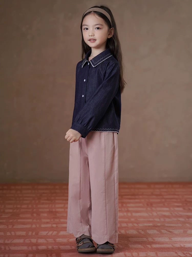 Quần áo trẻ em xuân thu phong cách Hàn Quốc quần âu cotton thân thiện với da màu hồng ngọt ngào quần thẳng bé gái quần dài rộng