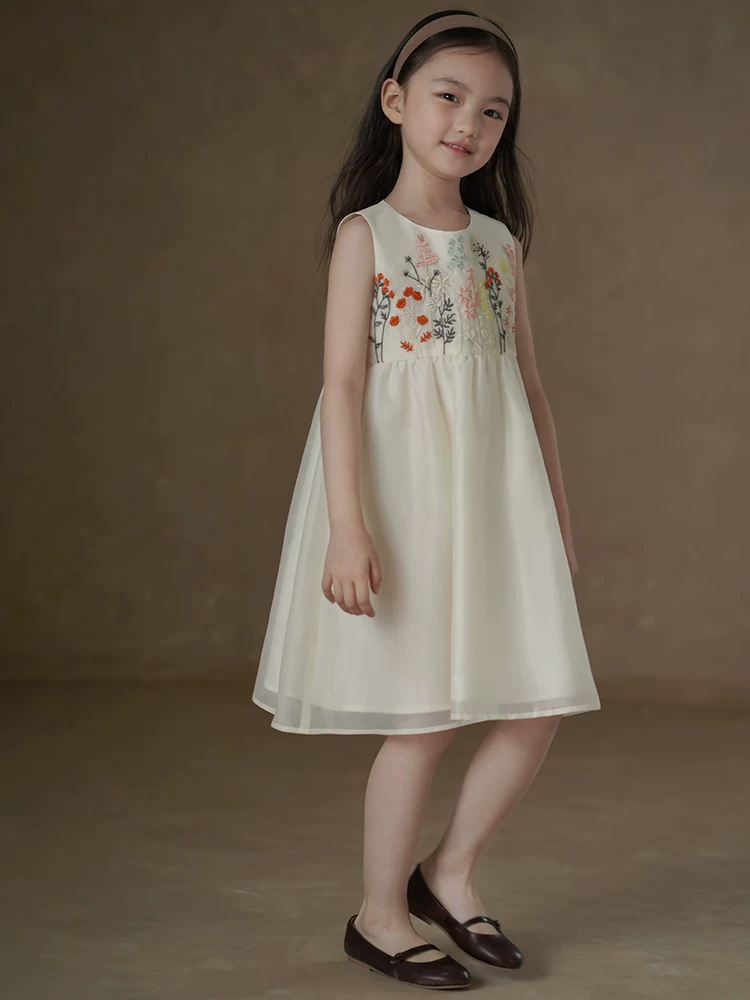 Quần áo trẻ em Ha Chi Váy thêu dày mùa hè cho bé gái, Váy dài vừa phải đi nghỉ mát ngọt ngào cho bé gái.