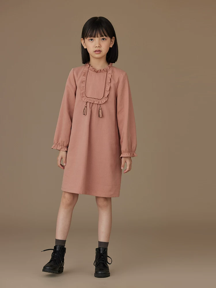 Quần áo trẻ em Hazi Váy chữ A màu hồng ngọt ngào cho trẻ em Xuân Thu Váy ren cotton thân thiện với da cho bé gái