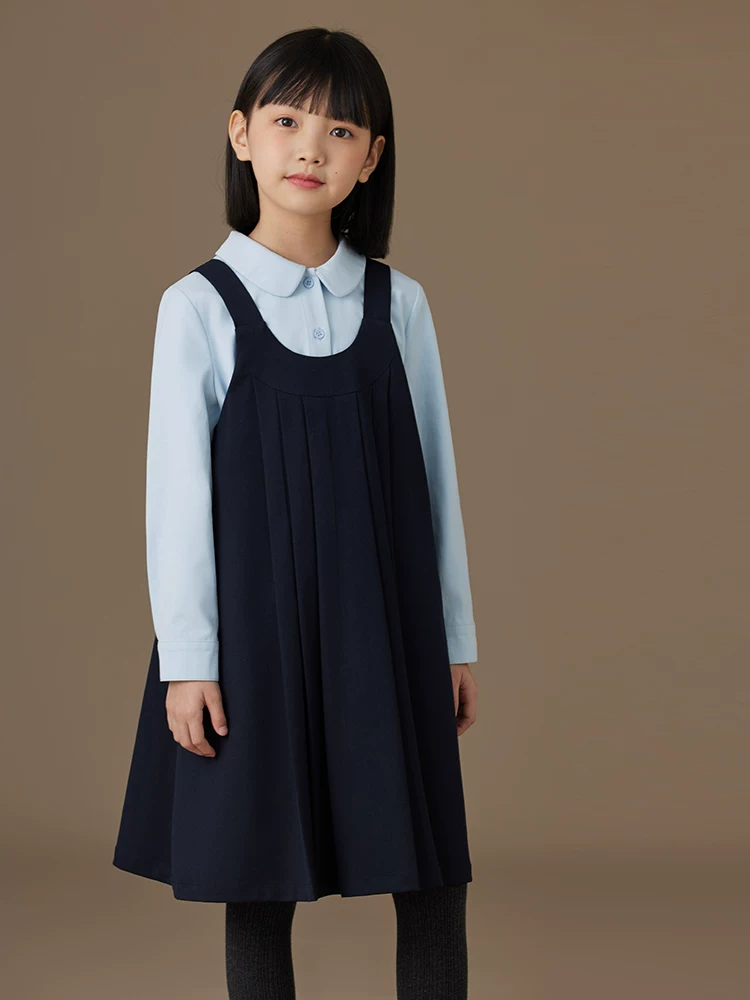 Quần áo trẻ em cho mùa thu đông: váy vest kiểu học sinh màu xanh hải quân cho bé gái, váy yếm trẻ em, kiểu dáng thời trang cho trẻ lớn.