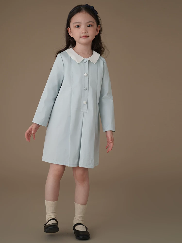 Quần áo trẻ em trang phục mùa xuân đơn giản giản dị bằng cotton thân thiện với da phong cách học sinh váy dài tay cho bé gái dành cho trẻ lớn hơn