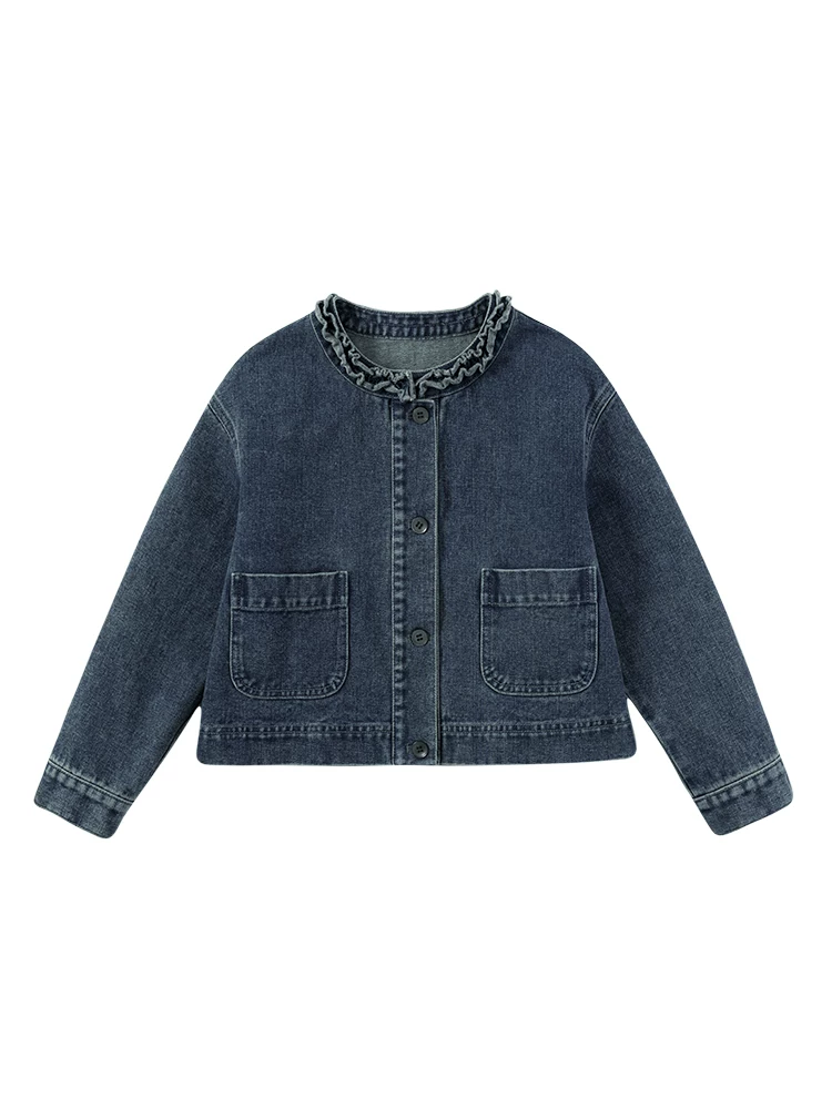 Áo khoác denim trẻ em có cổ xếp nếp, áo khoác ngắn cổ điển giản dị dành cho bé gái, thích hợp cho mùa xuân và mùa thu, dành cho trẻ lớn hơn.
