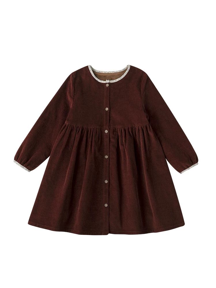 Quần áo trẻ em mùa thu đông váy bé gái cổ tròn cotton nguyên chất vải nhung lót lông cừu trẻ em dài tay đầm dày