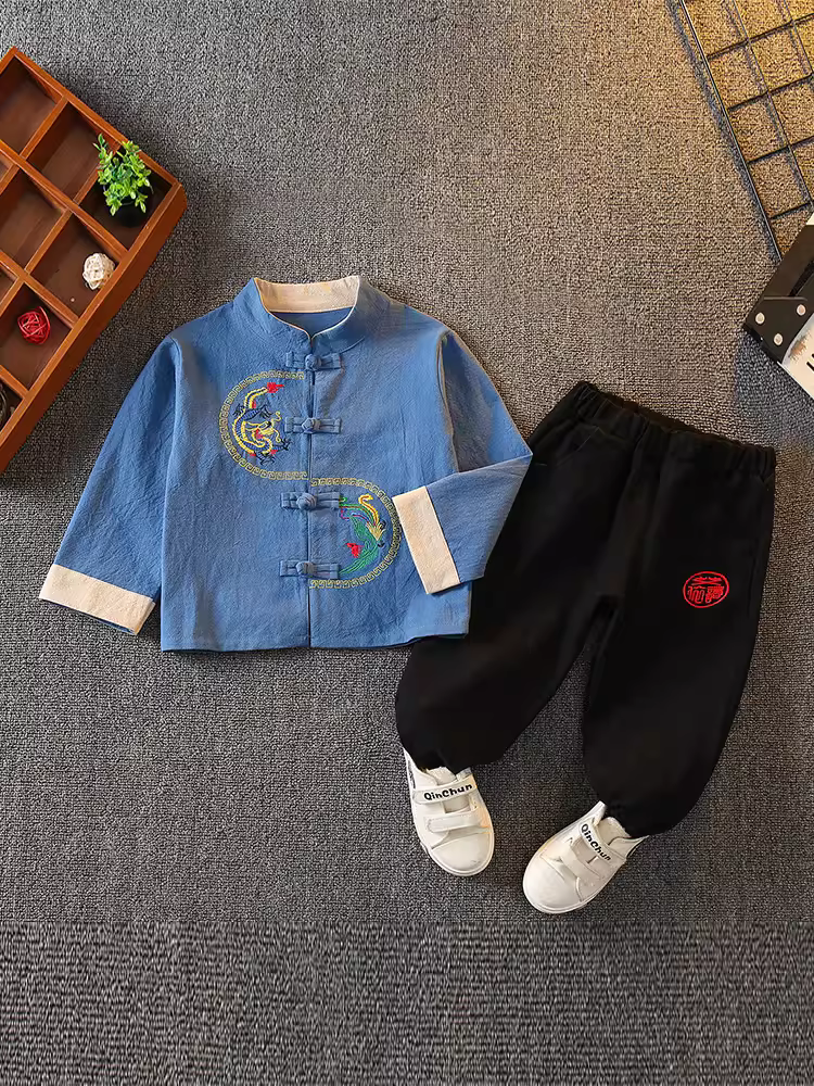 Bộ trang phục Hanfu cho bé trai kiểu mới 2025, trang phục trẻ em phong cách Đường, kiểu Trung Hoa, trang phục cổ xưa cho trẻ mới biết đi, mùa xuân thu, tay dài, bộ quần áo truyền thống Trung Quốc