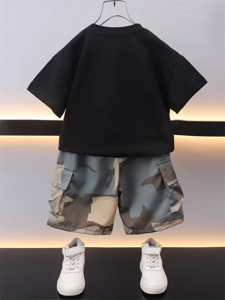Bộ đồ hè bé trai 2025, quần áo hè ngắn tay trẻ em mới, thời trang và đẹp trai, phong cách đường phố hot trend mạng xã hội, bộ hai mảnh
