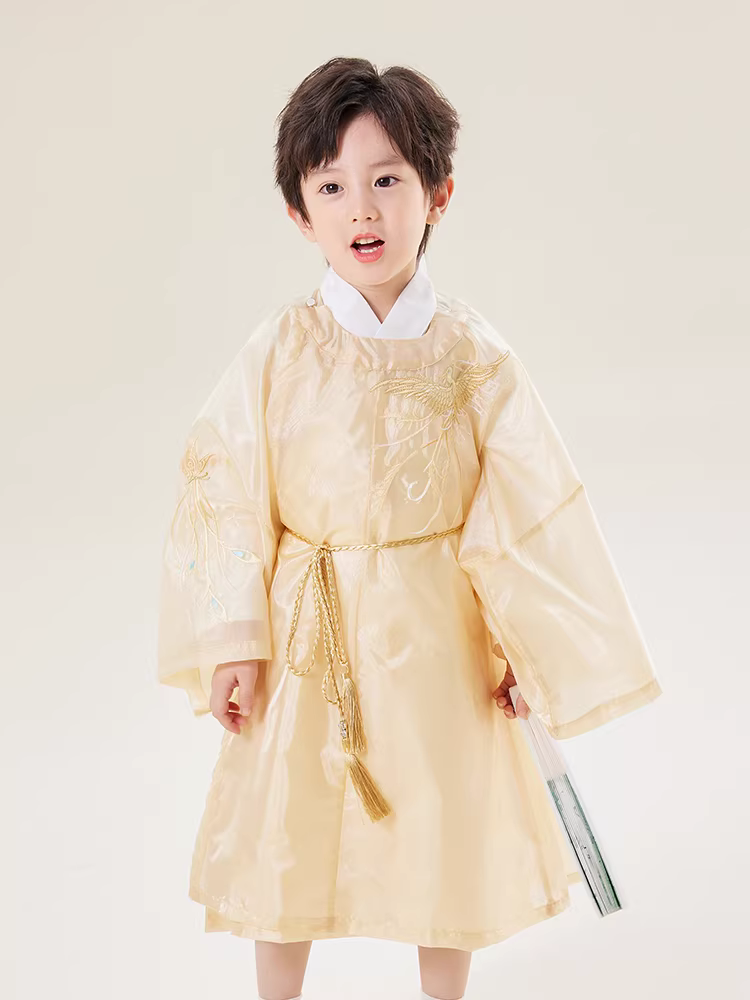 Áo choàng cổ tròn của bé trai Hanfu, trang phục trẻ em phong cách Trung Hoa mùa xuân thu, áo dài phong cách nhà Tống, trang phục cổ xưa của trẻ em, phong cách truyền thống ngắn tay của bé trai.